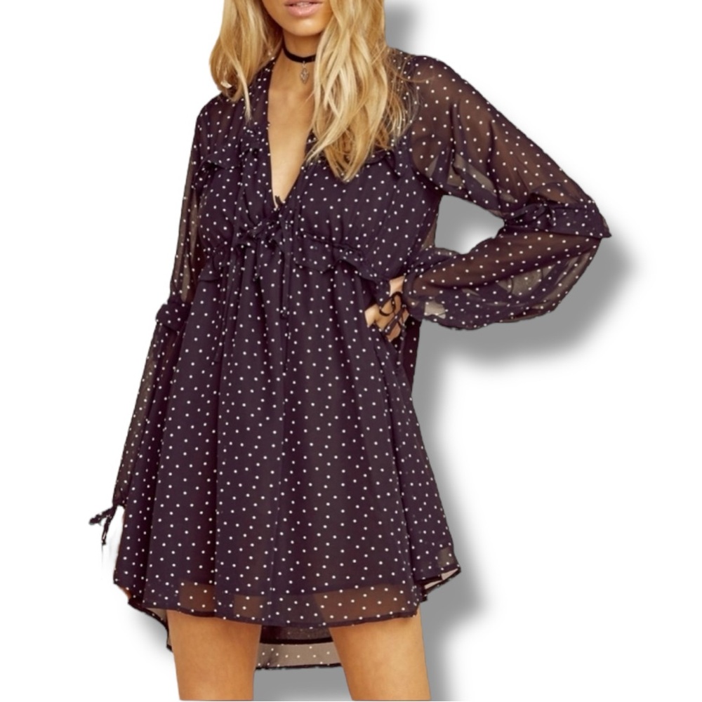 For Love & Lemons Black and White Long Sleeve Polka Dot Mini Tent Dress, Medium